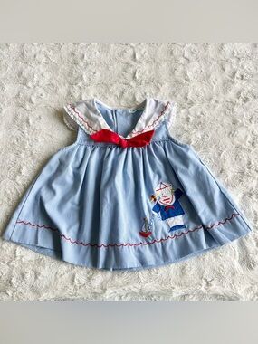 Vintage Tiny Tots Sailor Dress Baby 18 Months Blue Striped Cotton Nautical Cute